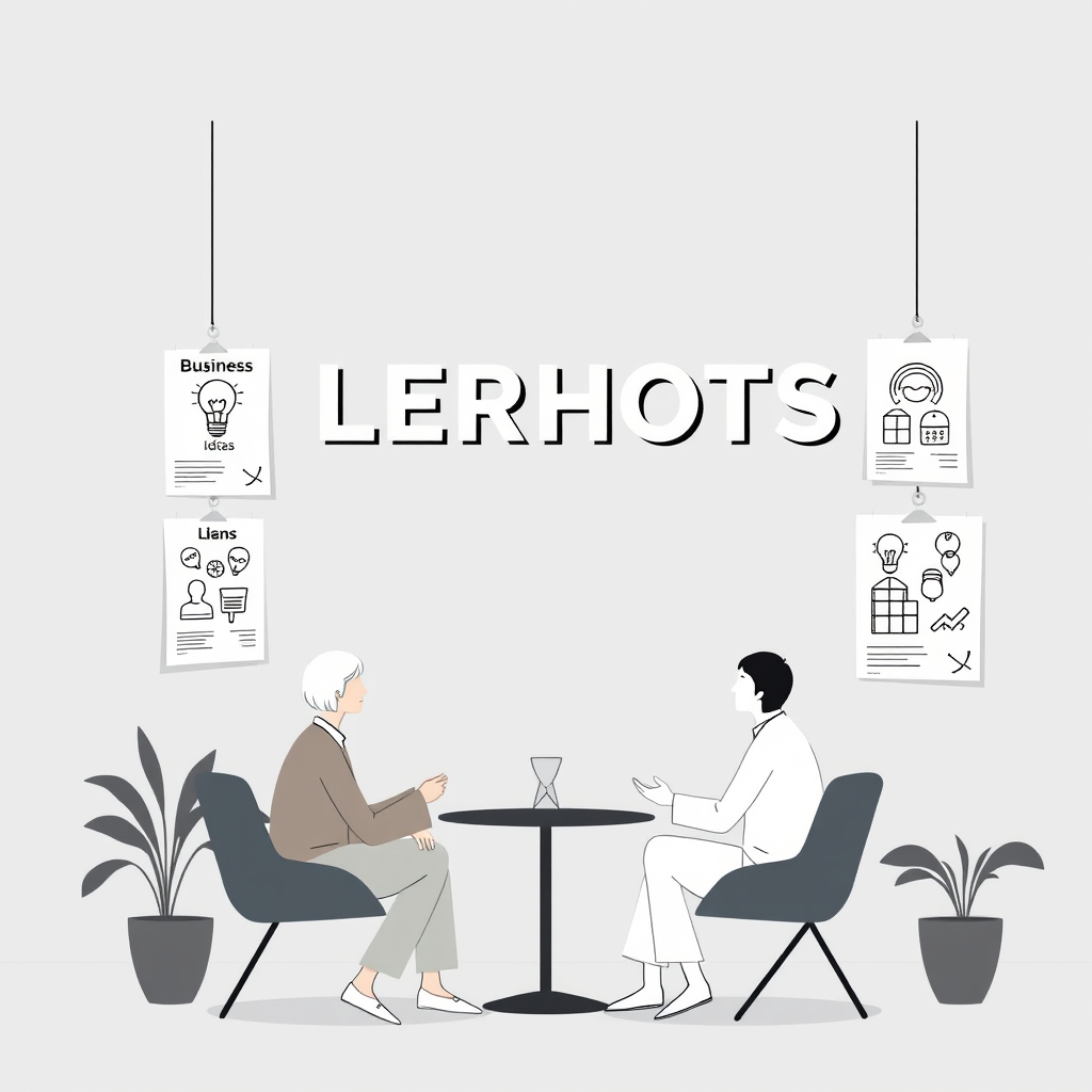 CREATE AN IMAGINE WITH GREY BACKGROUND AND POSTERS OF BUSINESS IDEAS ADD THE NAME _LERHOTS